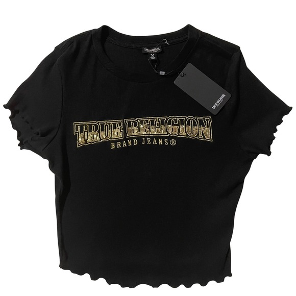 True Religion Tops - True Religion Womens Lettuce Rib Sequin Cropped Tee Black Gold Logo Glam Large